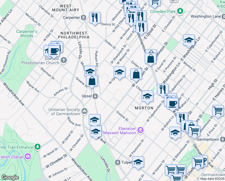 map of restaurants, bars, coffee shops, grocery stores, and more near 246 West Upsal Street in Philadelphia