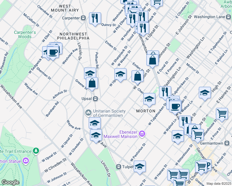 map of restaurants, bars, coffee shops, grocery stores, and more near 6439 Greene Street in Philadelphia