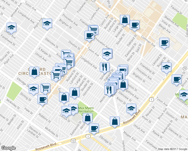 map of restaurants, bars, coffee shops, grocery stores, and more near 6821 Souder Street in Philadelphia