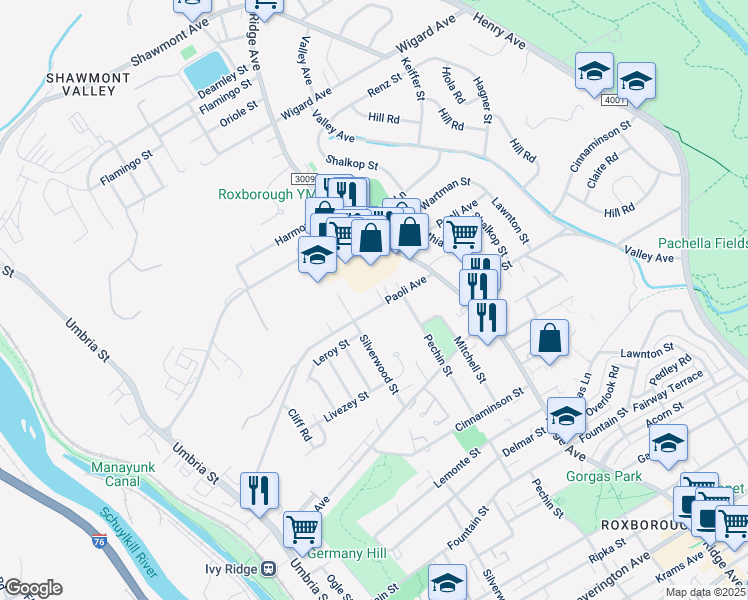 map of restaurants, bars, coffee shops, grocery stores, and more near 424 Paoli Avenue in Philadelphia