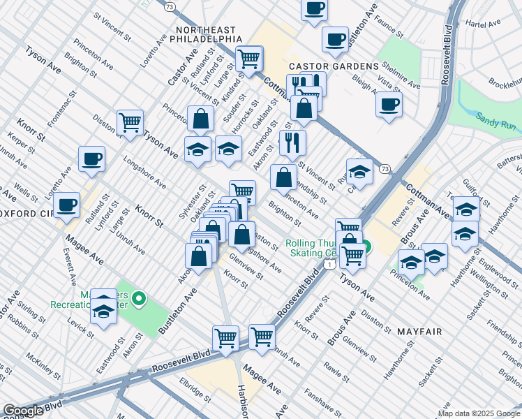 map of restaurants, bars, coffee shops, grocery stores, and more near 2104 Tyson Avenue in Philadelphia