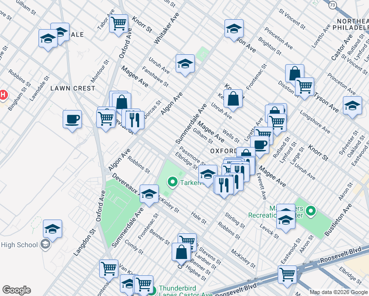 map of restaurants, bars, coffee shops, grocery stores, and more near 1232 Passmore Street in Philadelphia