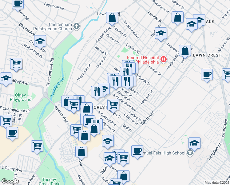 map of restaurants, bars, coffee shops, grocery stores, and more near 523 East Cheltenham Avenue in Philadelphia