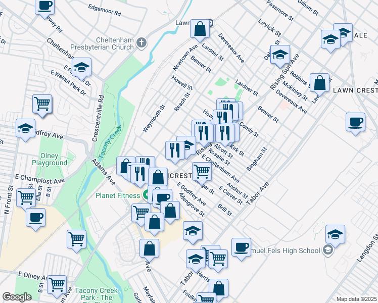 map of restaurants, bars, coffee shops, grocery stores, and more near 5738 SR 1001 in Philadelphia
