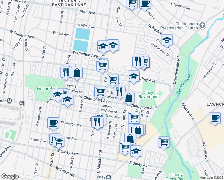 map of restaurants, bars, coffee shops, grocery stores, and more near 128 Fern Street in Philadelphia