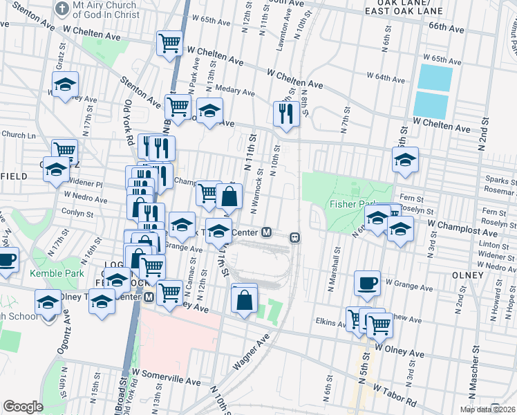 map of restaurants, bars, coffee shops, grocery stores, and more near 5910 North Warnock Street in Philadelphia