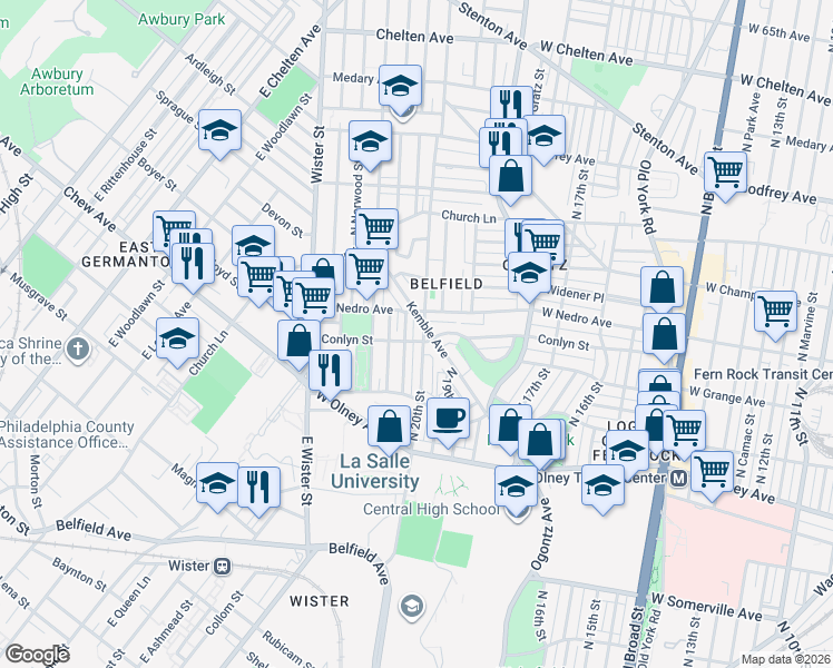 map of restaurants, bars, coffee shops, grocery stores, and more near 5755 North Woodstock Street in Philadelphia
