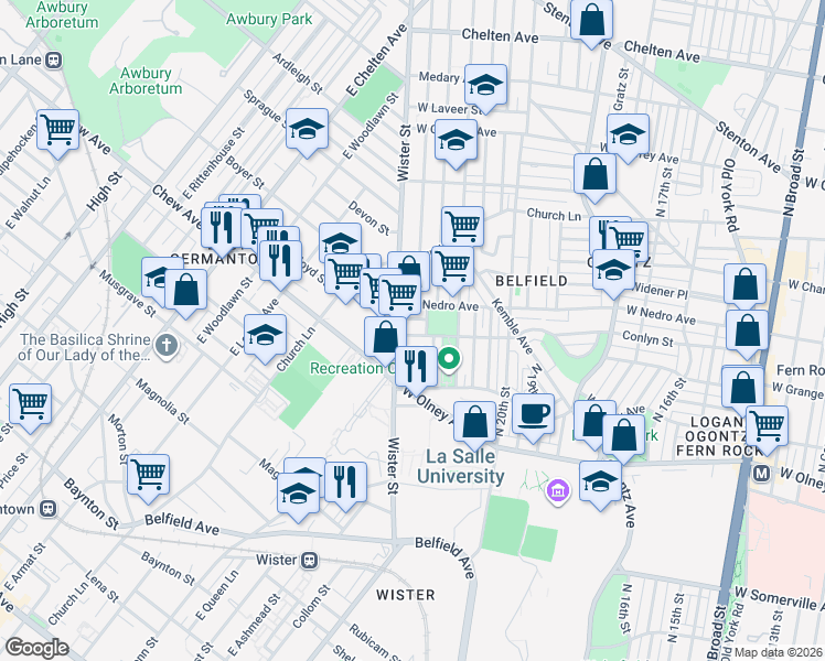 map of restaurants, bars, coffee shops, grocery stores, and more near 2155 Furley Street in Philadelphia