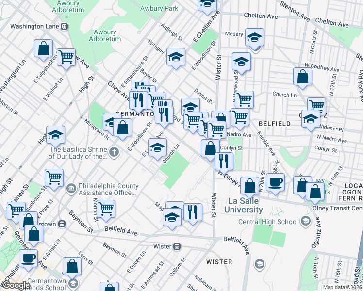 map of restaurants, bars, coffee shops, grocery stores, and more near 705 Church Lane in Philadelphia