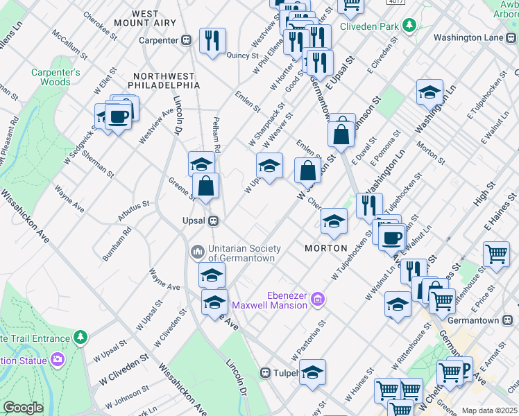 map of restaurants, bars, coffee shops, grocery stores, and more near 6439 Greene Street in Philadelphia
