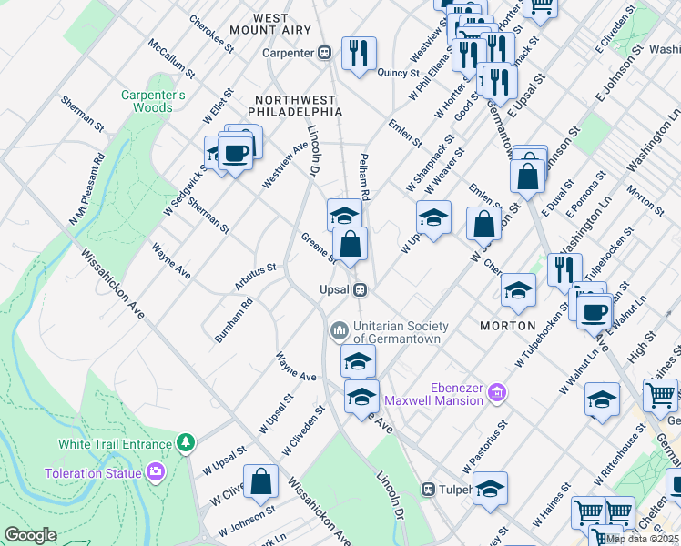 map of restaurants, bars, coffee shops, grocery stores, and more near 6505 Greene Street in Philadelphia