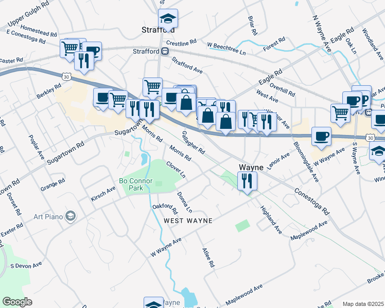 map of restaurants, bars, coffee shops, grocery stores, and more near 351 Morris Road in Wayne