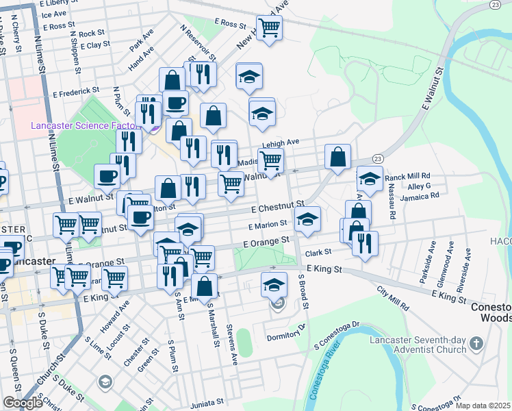 map of restaurants, bars, coffee shops, grocery stores, and more near 746 East Chestnut Street in Lancaster