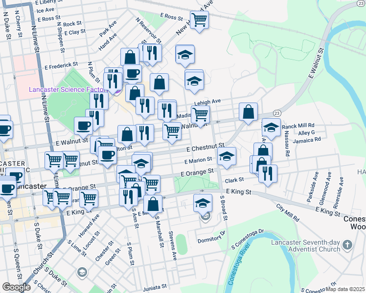 map of restaurants, bars, coffee shops, grocery stores, and more near 746 East Chestnut Street in Lancaster