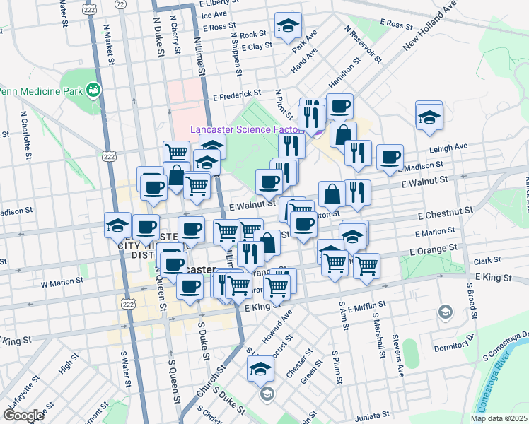 map of restaurants, bars, coffee shops, grocery stores, and more near 328 East Fulton Street in Lancaster