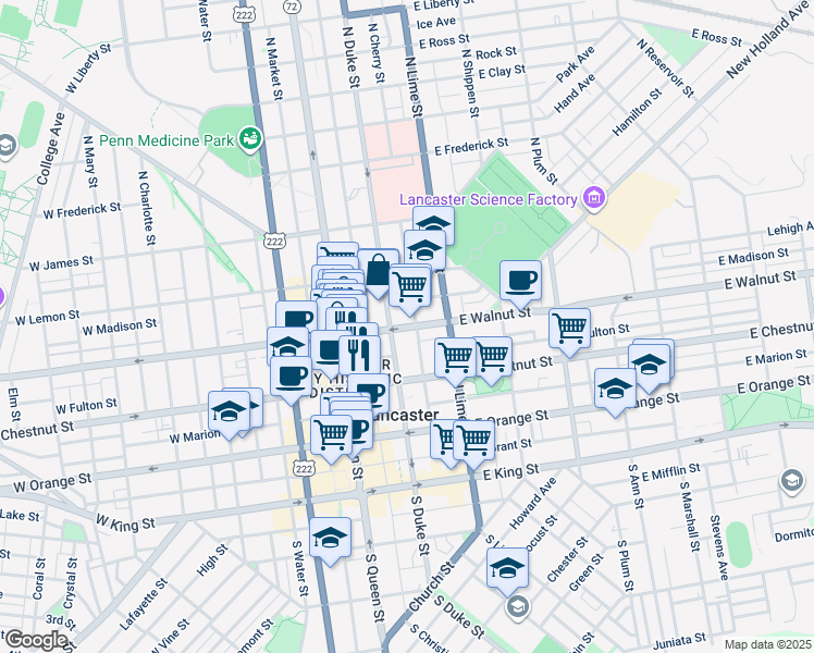 map of restaurants, bars, coffee shops, grocery stores, and more near 237 North Cherry Street in Lancaster