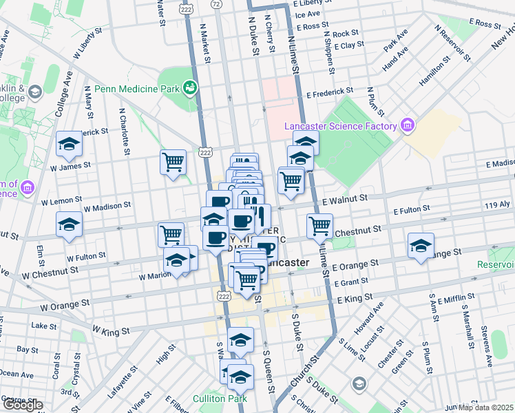 map of restaurants, bars, coffee shops, grocery stores, and more near 217 North Queen Street in Lancaster