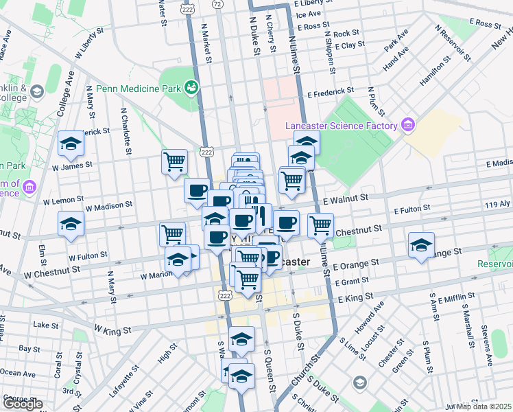 map of restaurants, bars, coffee shops, grocery stores, and more near 217 North Queen Street in Lancaster