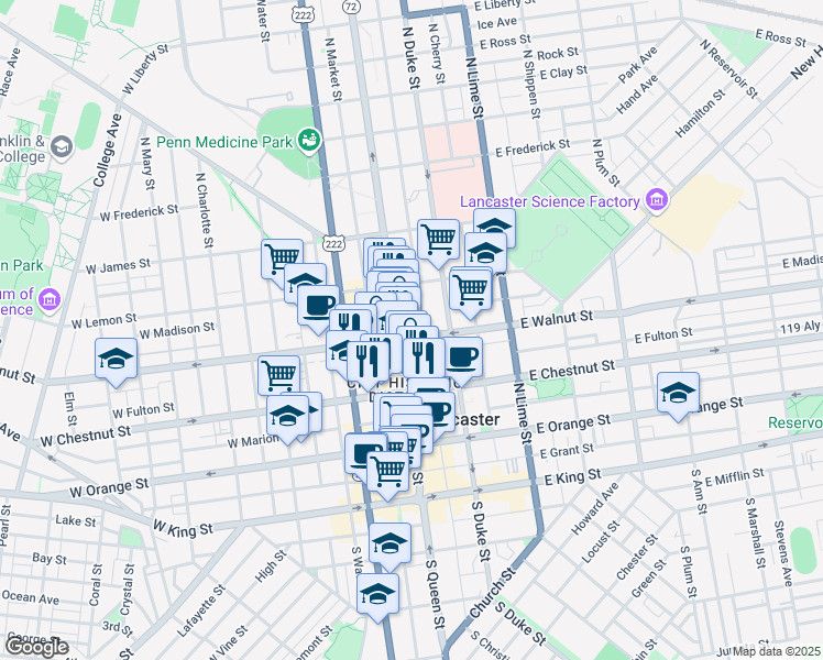 map of restaurants, bars, coffee shops, grocery stores, and more near 217 North Queen Street in Lancaster