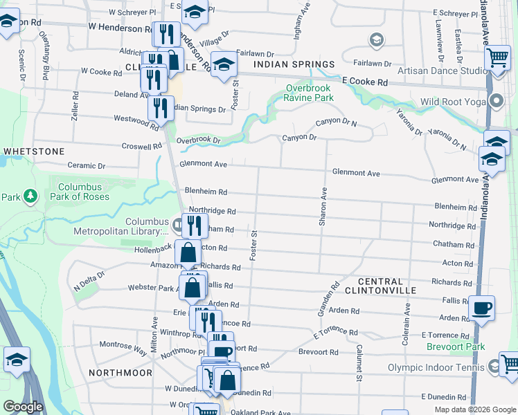 map of restaurants, bars, coffee shops, grocery stores, and more near 147 Northridge Road in Columbus