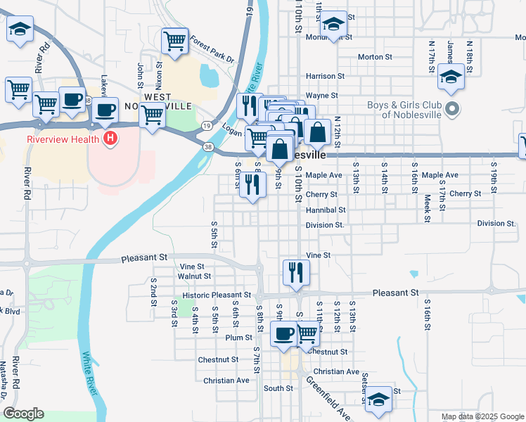 map of restaurants, bars, coffee shops, grocery stores, and more near 388 South 8th Street in Noblesville