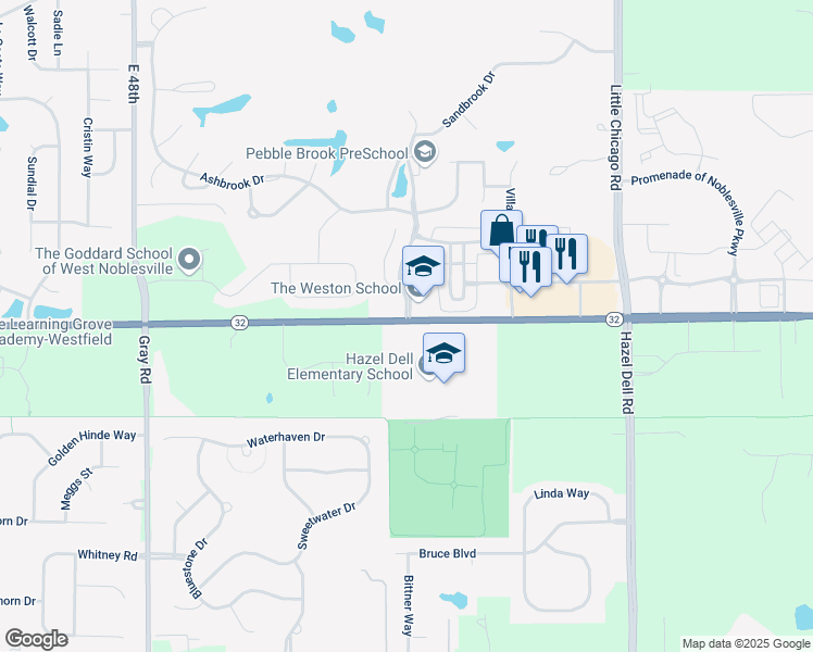 map of restaurants, bars, coffee shops, grocery stores, and more near Pebble Brook Boulevard in Noblesville