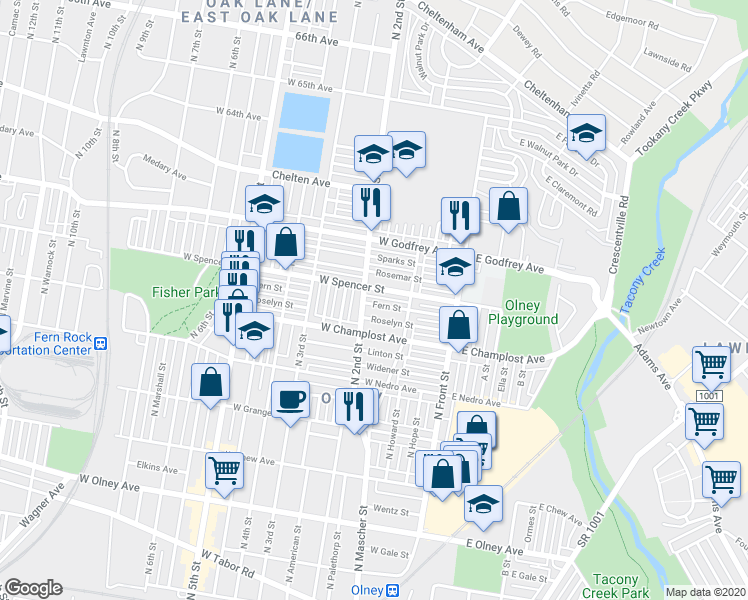 map of restaurants, bars, coffee shops, grocery stores, and more near 189 Fern Street in Philadelphia