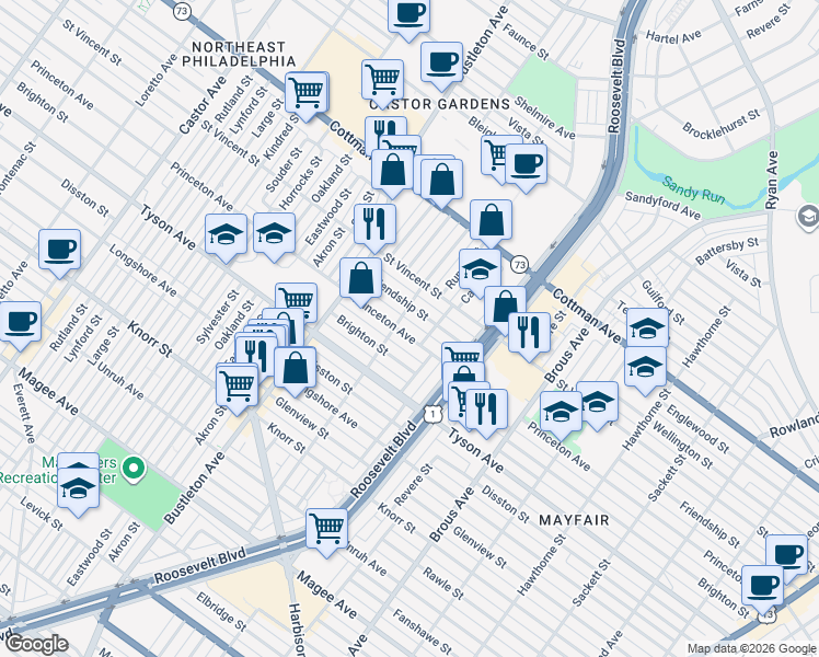map of restaurants, bars, coffee shops, grocery stores, and more near 2209 Brighton Street in Philadelphia