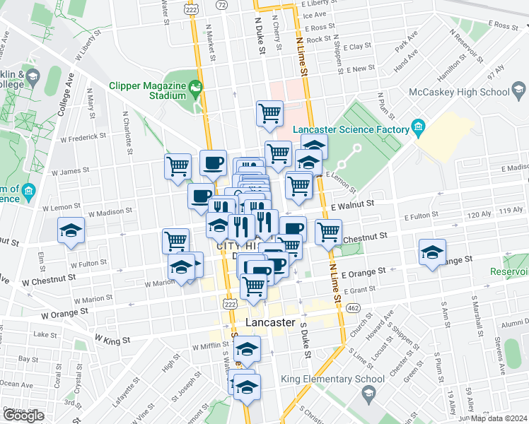 map of restaurants, bars, coffee shops, grocery stores, and more near in Lancaster