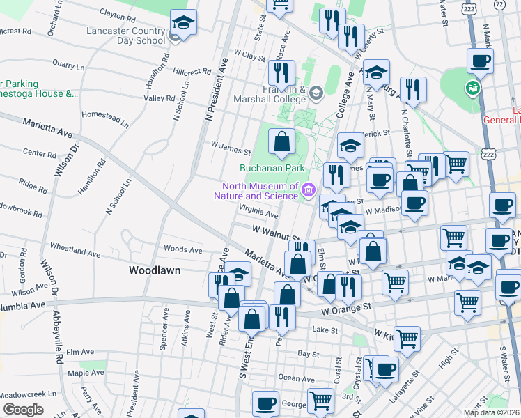 map of restaurants, bars, coffee shops, grocery stores, and more near 916 Virginia Avenue in Lancaster