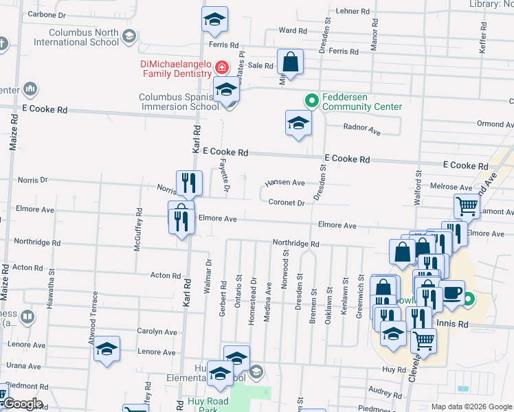 map of restaurants, bars, coffee shops, grocery stores, and more near 1546 Elmore Avenue in Columbus