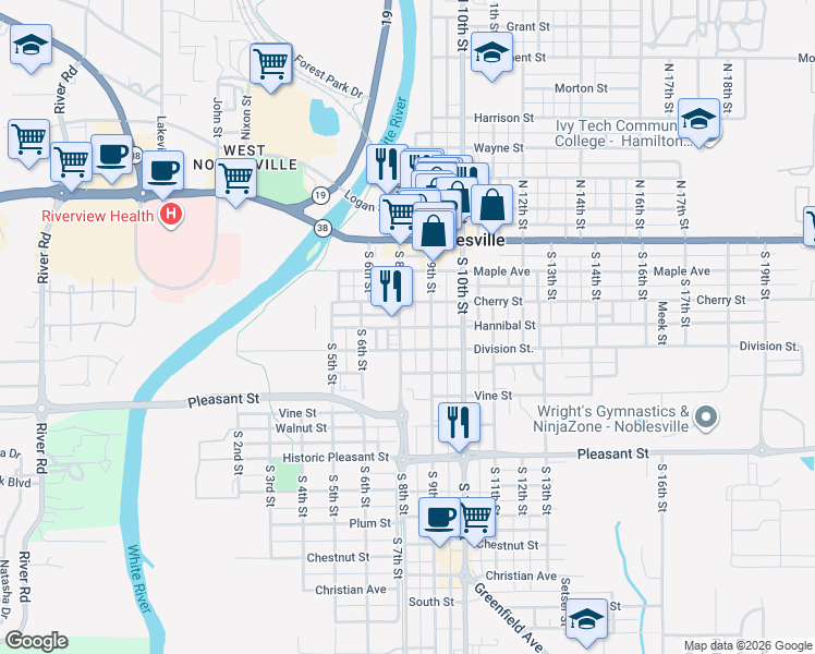 map of restaurants, bars, coffee shops, grocery stores, and more near 388 South 8th Street in Noblesville