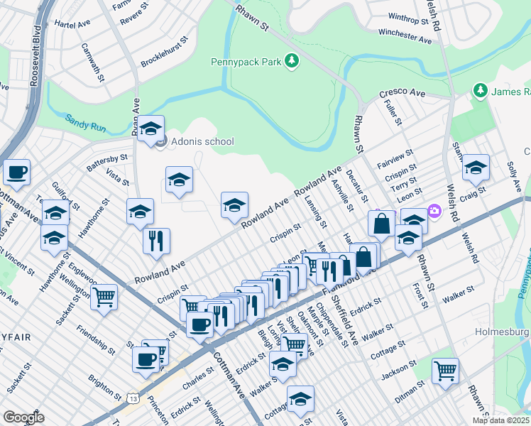 map of restaurants, bars, coffee shops, grocery stores, and more near Rowland Ave & Chippendale St in Philadelphia