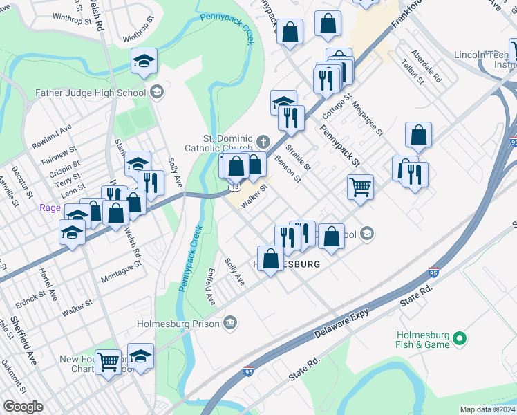 map of restaurants, bars, coffee shops, grocery stores, and more near 8432 Jackson Street in Philadelphia
