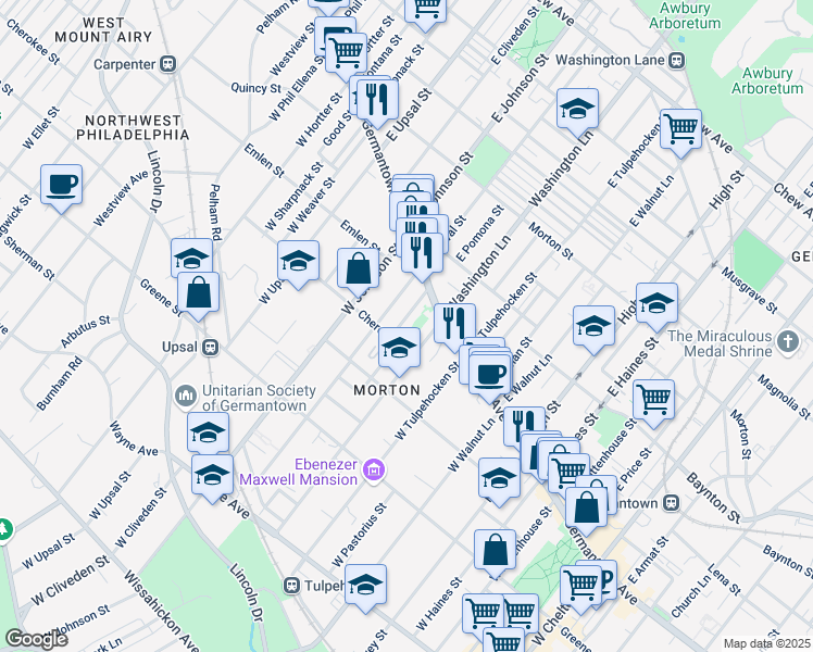map of restaurants, bars, coffee shops, grocery stores, and more near 44 West Pomona Street in Philadelphia