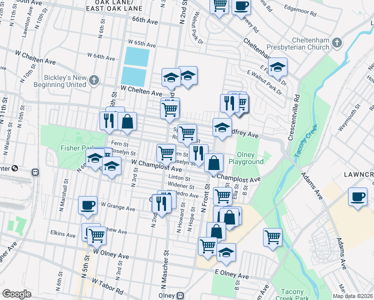 map of restaurants, bars, coffee shops, grocery stores, and more near 128 Fern Street in Philadelphia