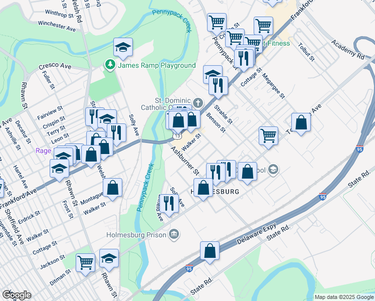 map of restaurants, bars, coffee shops, grocery stores, and more near 8417 Walker Street in Philadelphia