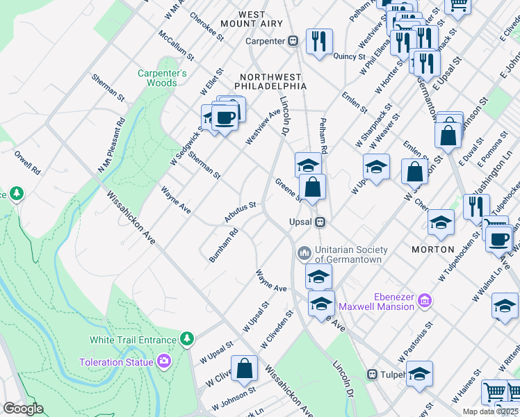 map of restaurants, bars, coffee shops, grocery stores, and more near 500 Arbutus Street in Philadelphia