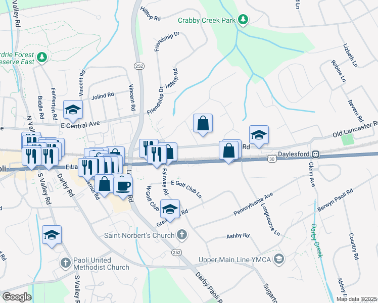 map of restaurants, bars, coffee shops, grocery stores, and more near 1714 Russell Road in Paoli