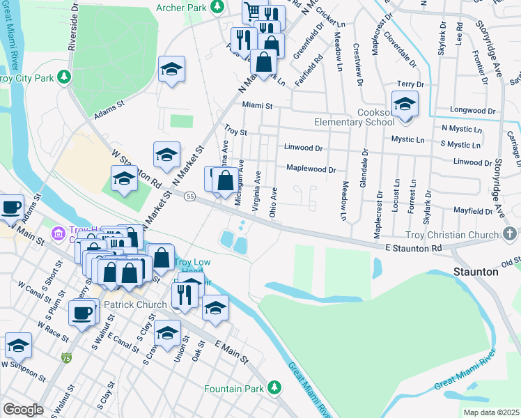 map of restaurants, bars, coffee shops, grocery stores, and more near 409 East Staunton Road in Troy