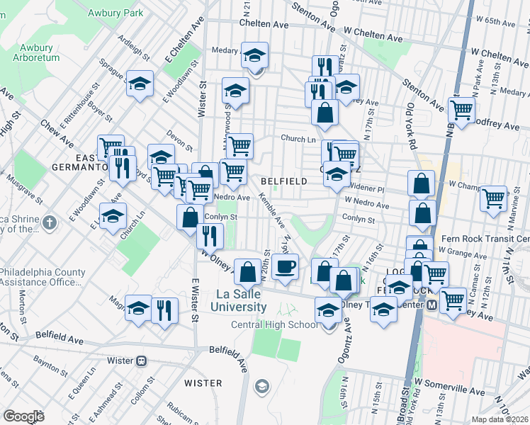map of restaurants, bars, coffee shops, grocery stores, and more near 5755 North Woodstock Street in Philadelphia