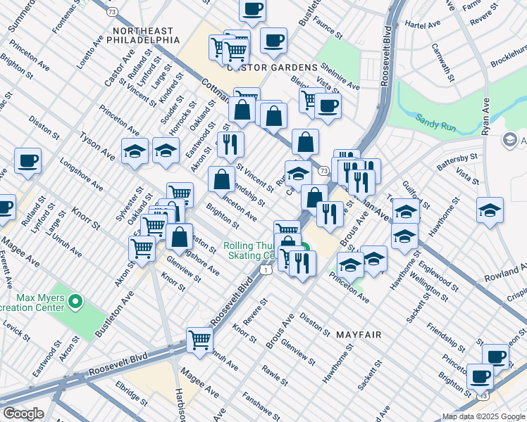 map of restaurants, bars, coffee shops, grocery stores, and more near 2228 Friendship Street in Philadelphia