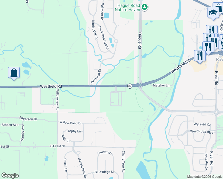 map of restaurants, bars, coffee shops, grocery stores, and more near 1495 Westfield Road in Noblesville