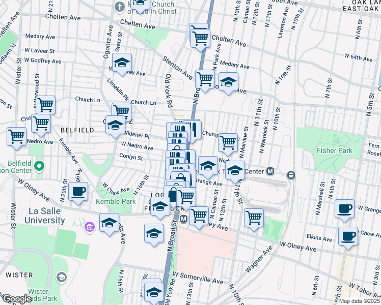 map of restaurants, bars, coffee shops, grocery stores, and more near 5810 North Broad Street in Philadelphia