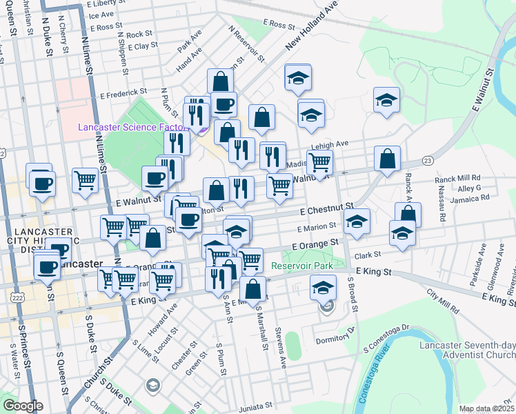 map of restaurants, bars, coffee shops, grocery stores, and more near 622 Pennsylvania 23 in Lancaster