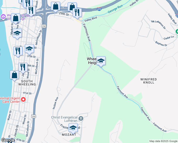 map of restaurants, bars, coffee shops, grocery stores, and more near 39 South Frazier Avenue in Wheeling