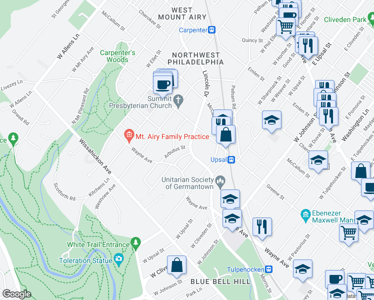 map of restaurants, bars, coffee shops, grocery stores, and more near 500 Arbutus Street in Philadelphia