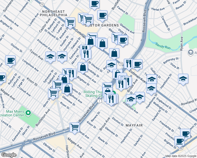 map of restaurants, bars, coffee shops, grocery stores, and more near 2228 Friendship Street in Philadelphia