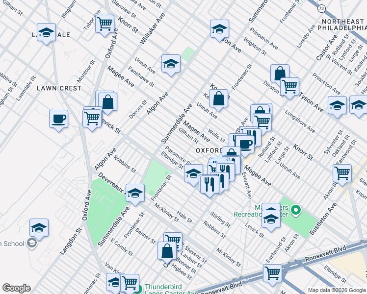 map of restaurants, bars, coffee shops, grocery stores, and more near 1305 Hellerman Street in Philadelphia