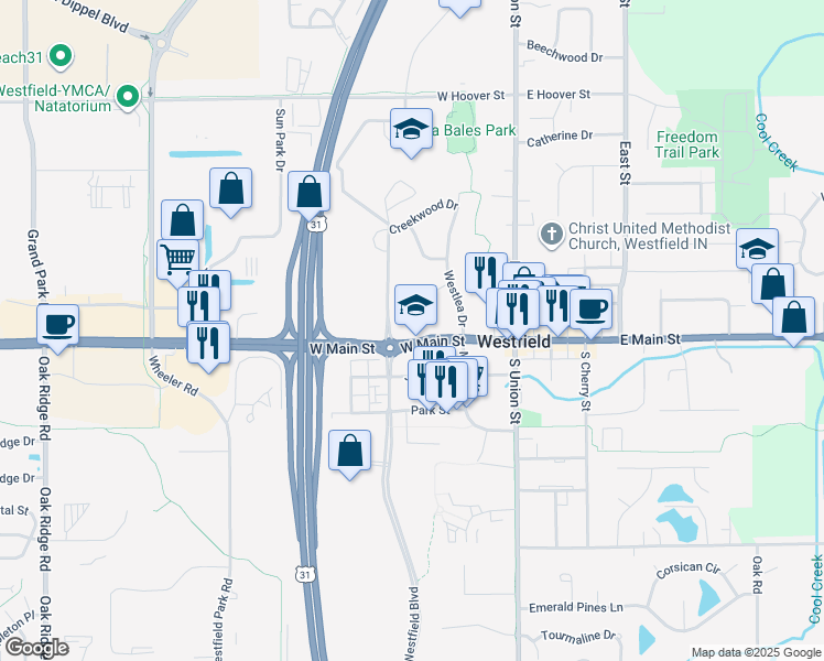 map of restaurants, bars, coffee shops, grocery stores, and more near 326 West Main Street in Westfield